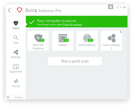 Avira Antivirus Pro 2018 Dashboard
